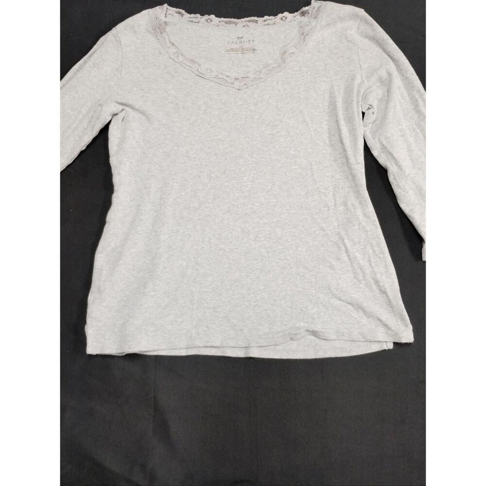 Talbots Light Gray Lace-Trim V-Neck Long Sleeve Top
